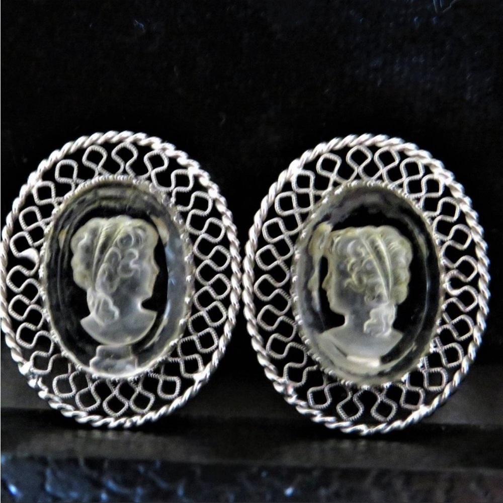 Whiting & Davis Vintage Intaglio Cameo Silver Plated Earrings
